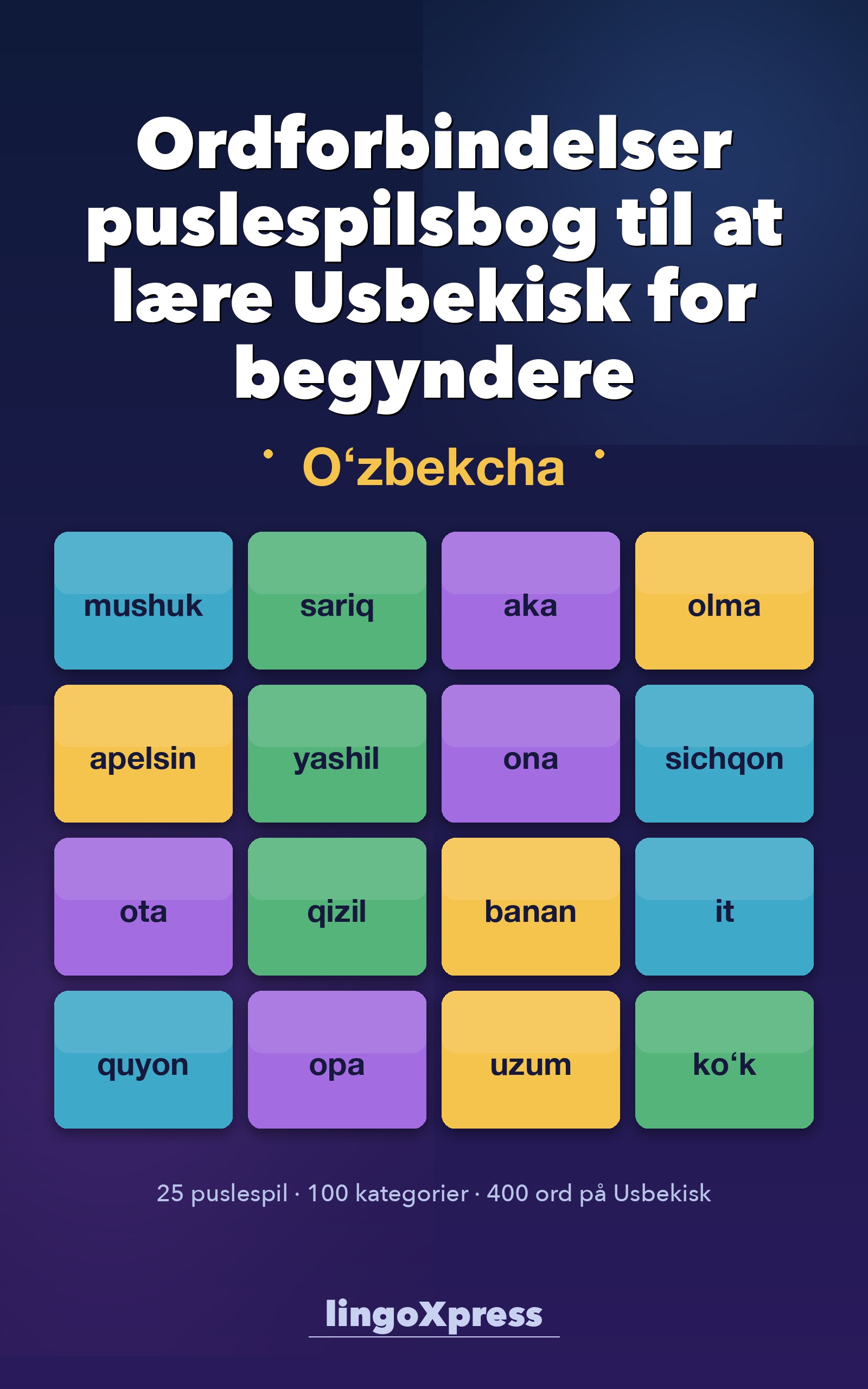 Ordforbindelser puslespilsbog til at lære Usbekisk for begyndere