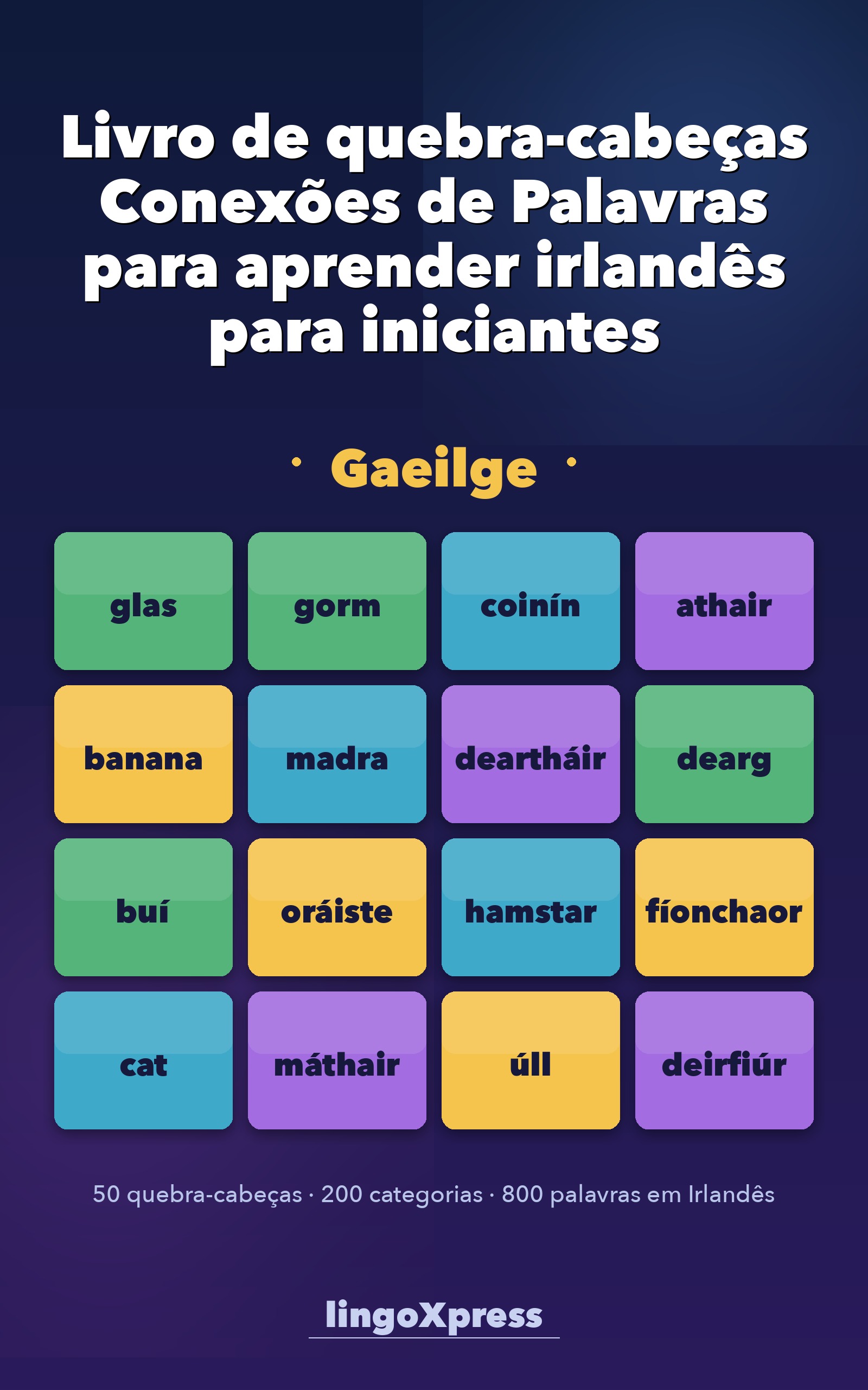 Livro de quebra-cabeças Conexões de Palavras para aprender irlandês para iniciantes