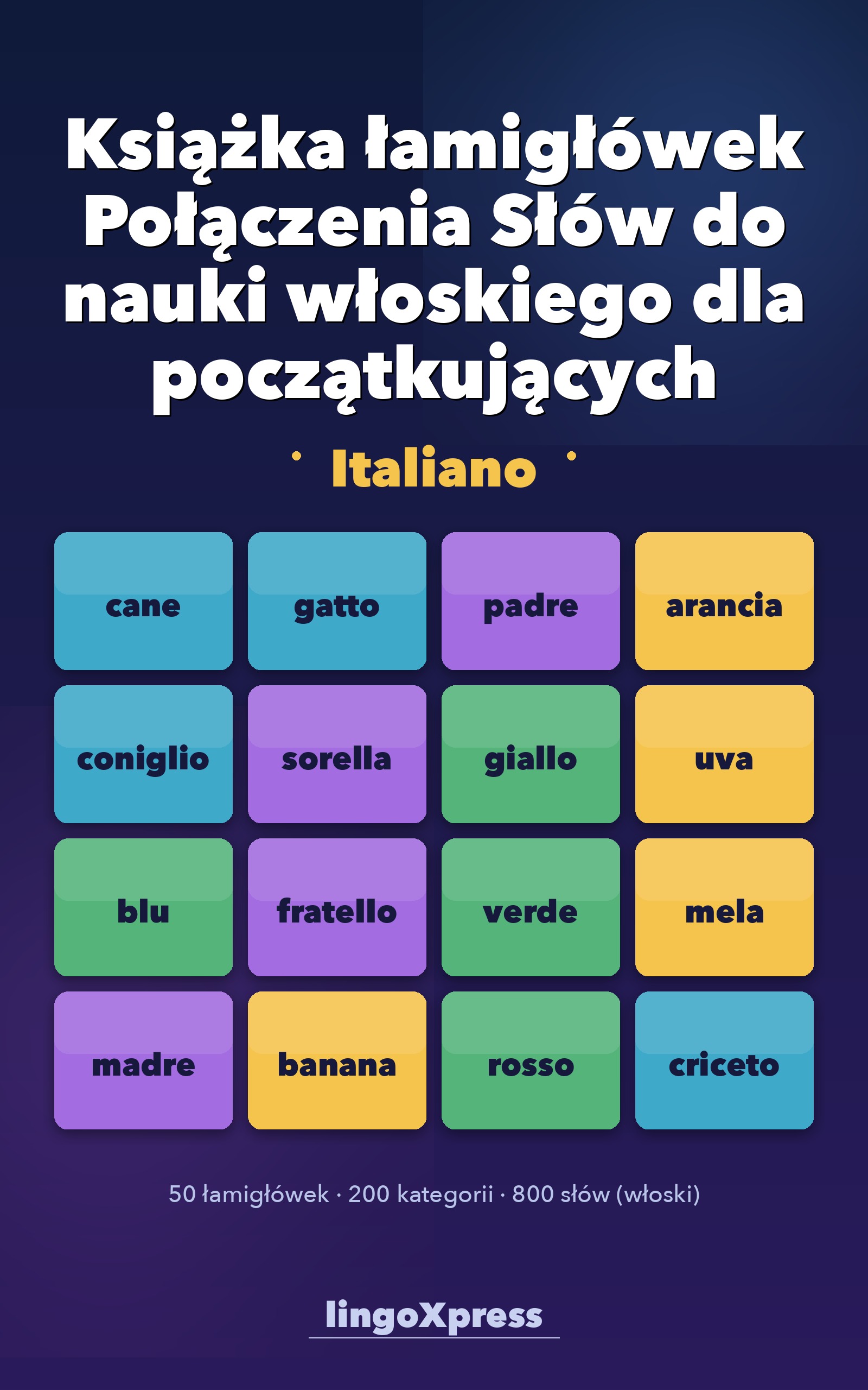 Książka łamigłówek Połączenia Słów do nauki włoskiego dla początkujących