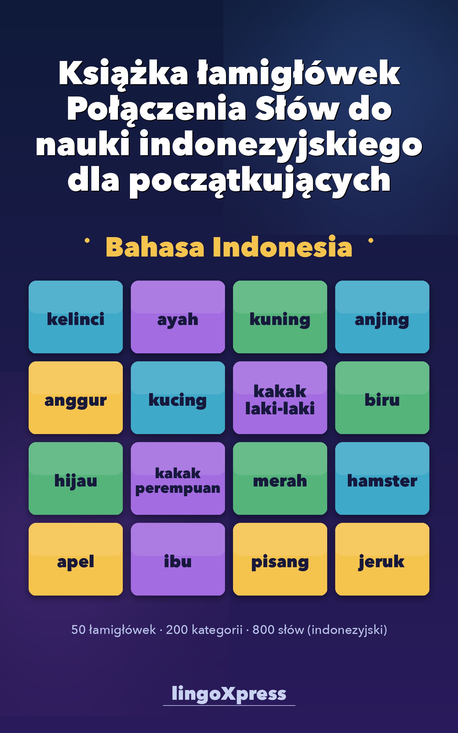 Książka łamigłówek Połączenia Słów do nauki indonezyjskiego dla początkujących