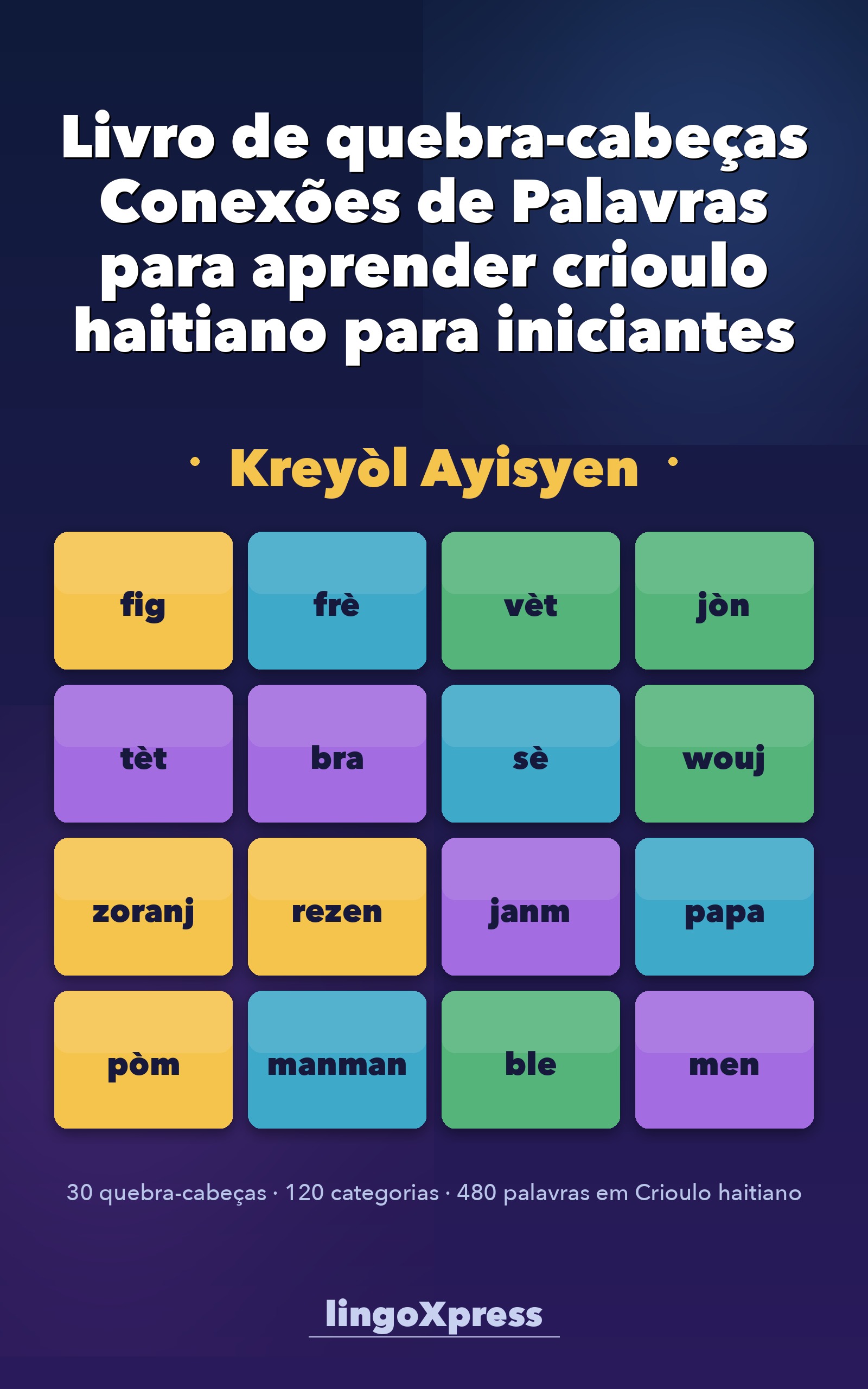 Livro de quebra-cabeças Conexões de Palavras para aprender crioulo haitiano para iniciantes