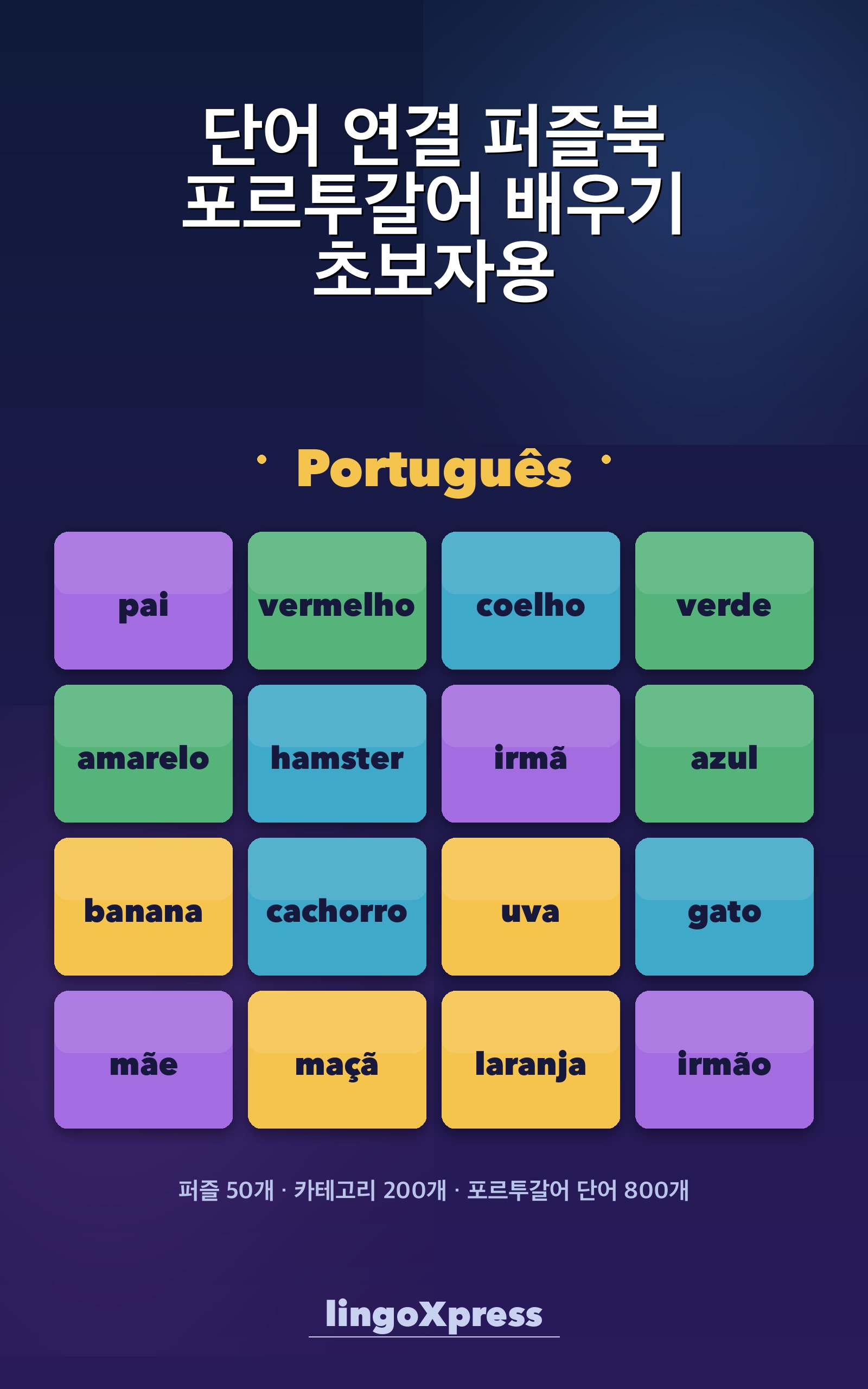 단어 연결 퍼즐북 포르투갈어 배우기 초보자용