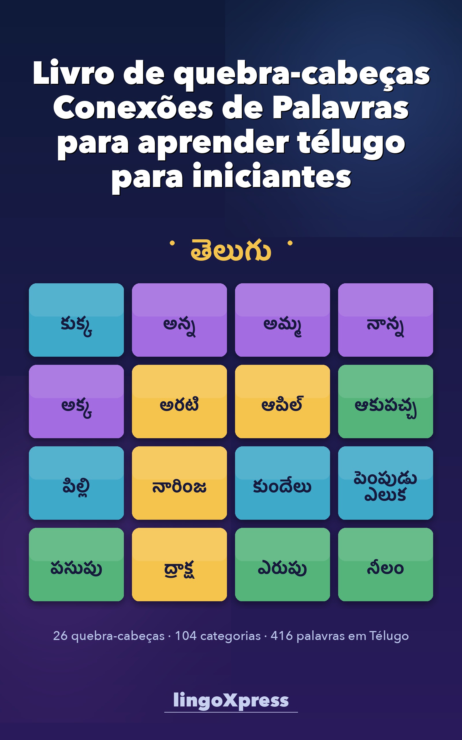 Livro de quebra-cabeças Conexões de Palavras para aprender télugo para iniciantes